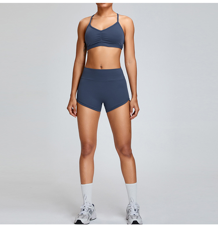 Sexy Sling Sports Bra Paired with Yoga Shorts Featuring Back Ruffle Design TM0155Y