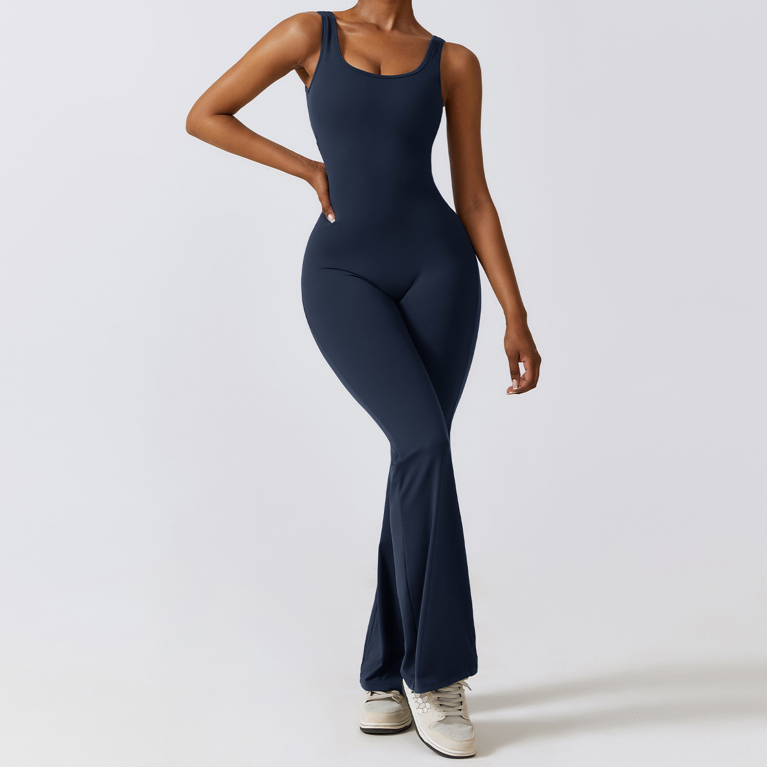 Custom Logo Square Neck Sleeveless U Back Flared Jumpsuit DRLT8260