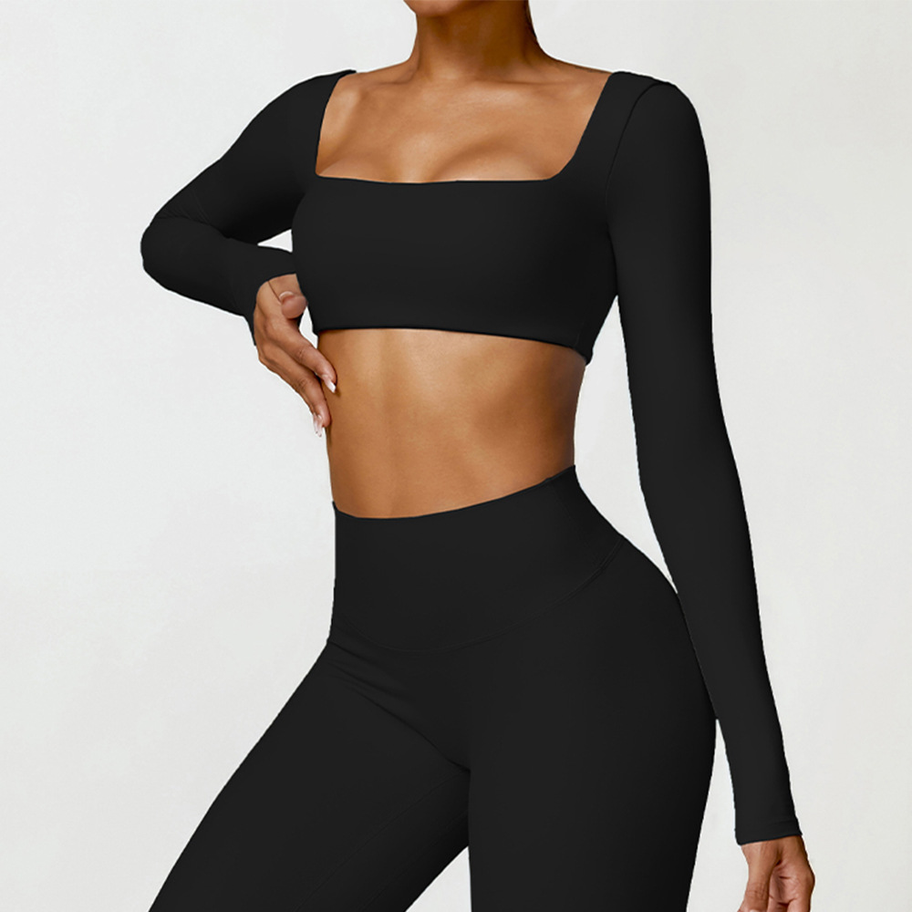 Womens Long Sleeve Shirts Workout Yoga Square Neck Crop Tops DRCX8518