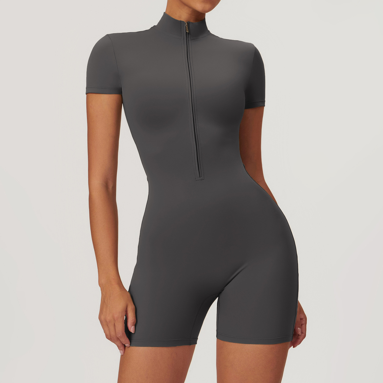 One Piece Athletic Jumpsuit Shorts Workout Bodysuit with Zipper DRLT8294