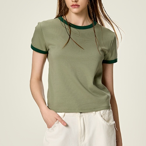 Womens T Shirts Slim Fit Short Sleeve Tees Crew Neck Color Block Summer Tops DRWT002